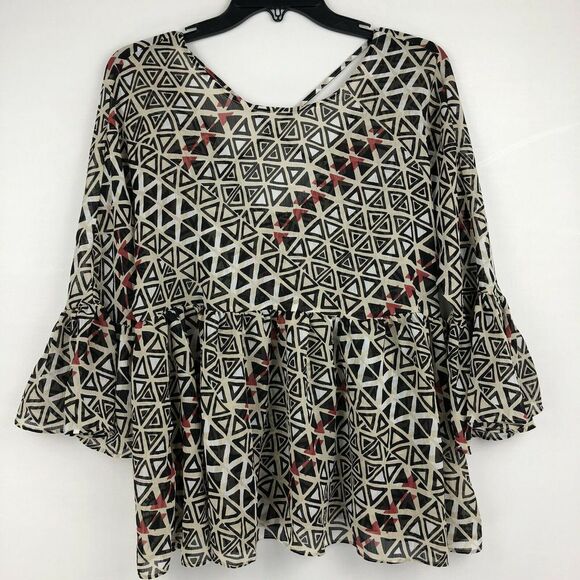 BCBGeneration Boho Babydoll Tunic Top Womens Size S Bell Sleeve Peplum Blouse - Picture 2 of 5